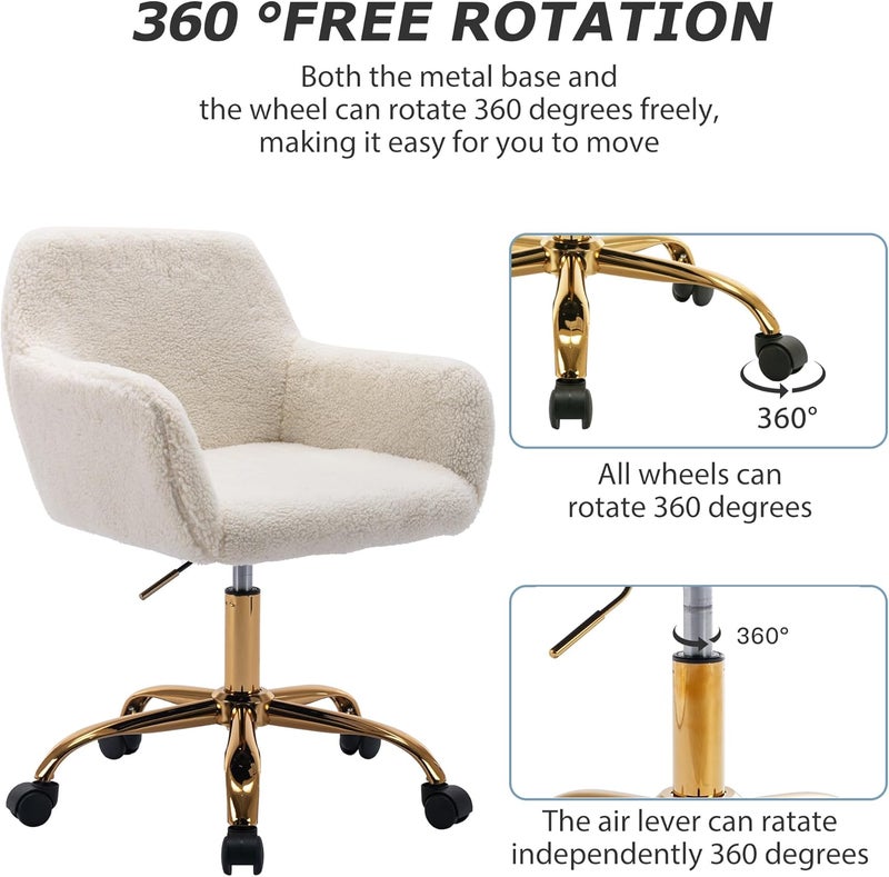 KCC Faux Fur Office Desk Chair, Comfy Swivel Armchair with Wheels, Upholstered Fuzzy Vanity Chair, Adjustable Height, White - Image 5